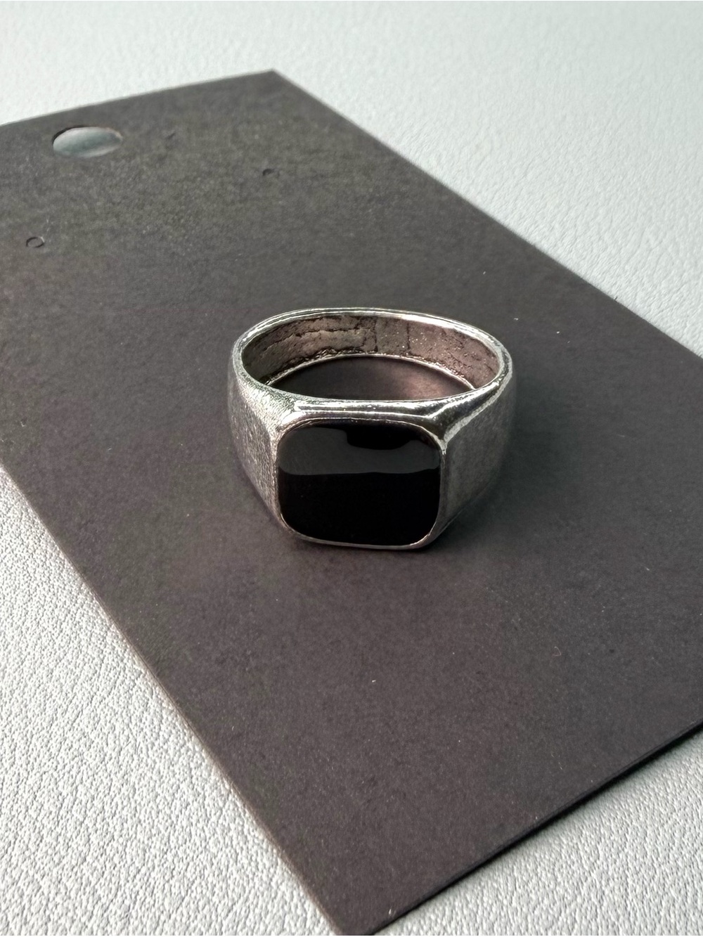 Men's Black Stone Silver-Tone Signet Ring